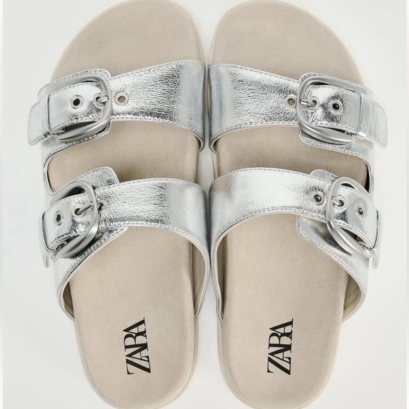 Zara Silver Buckle Metallic Slide on Sandals - Picture 1 of 6